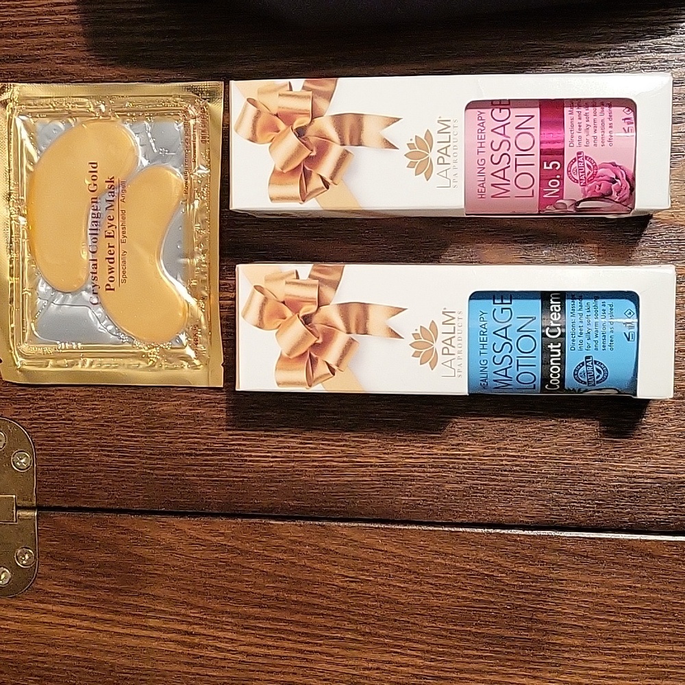 Massage lotion, powder eye mask, and a bag